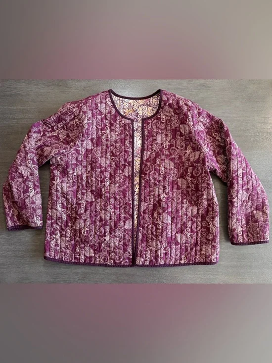 Quilted Reversible Jacket Purple Tan Gold Floral Paisley Quilt J Jill XL - Picture 3 of 12